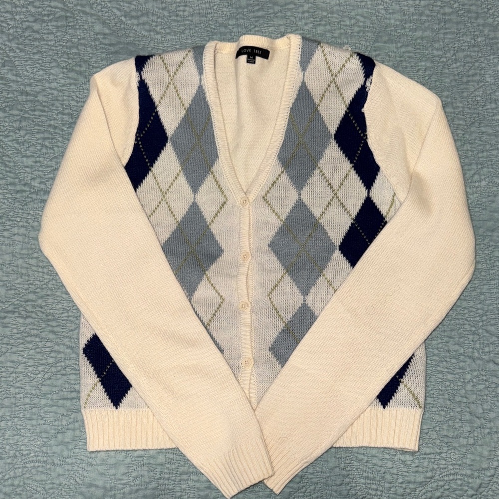 Love Tree Cream and Blue Argyle Cardigan size M